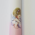 Balta-rožinė krikšto žvakė su angeliuku 39cm.