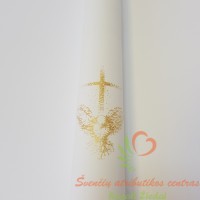 Balta krikšto žvakė su auksiniu balandžiu ir kryželiu 39cm.