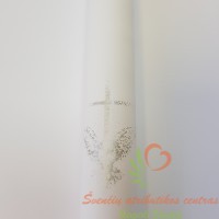Balta krikšto žvakė su sidabriniu balandžiu ir kryželiu 39cm.